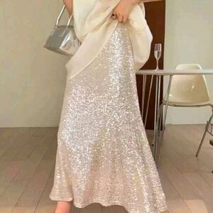 Elegant Silver Sequin Maxi Skirt